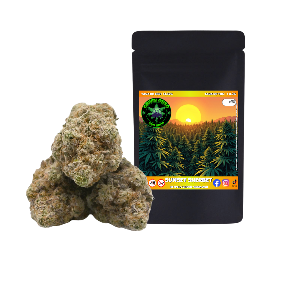 Small Bud Sunset Sherbet Hydroponie CBD Green Orso – fleur 13,52% CBD hydroponie Suisse arômes myrtille agrumes doux