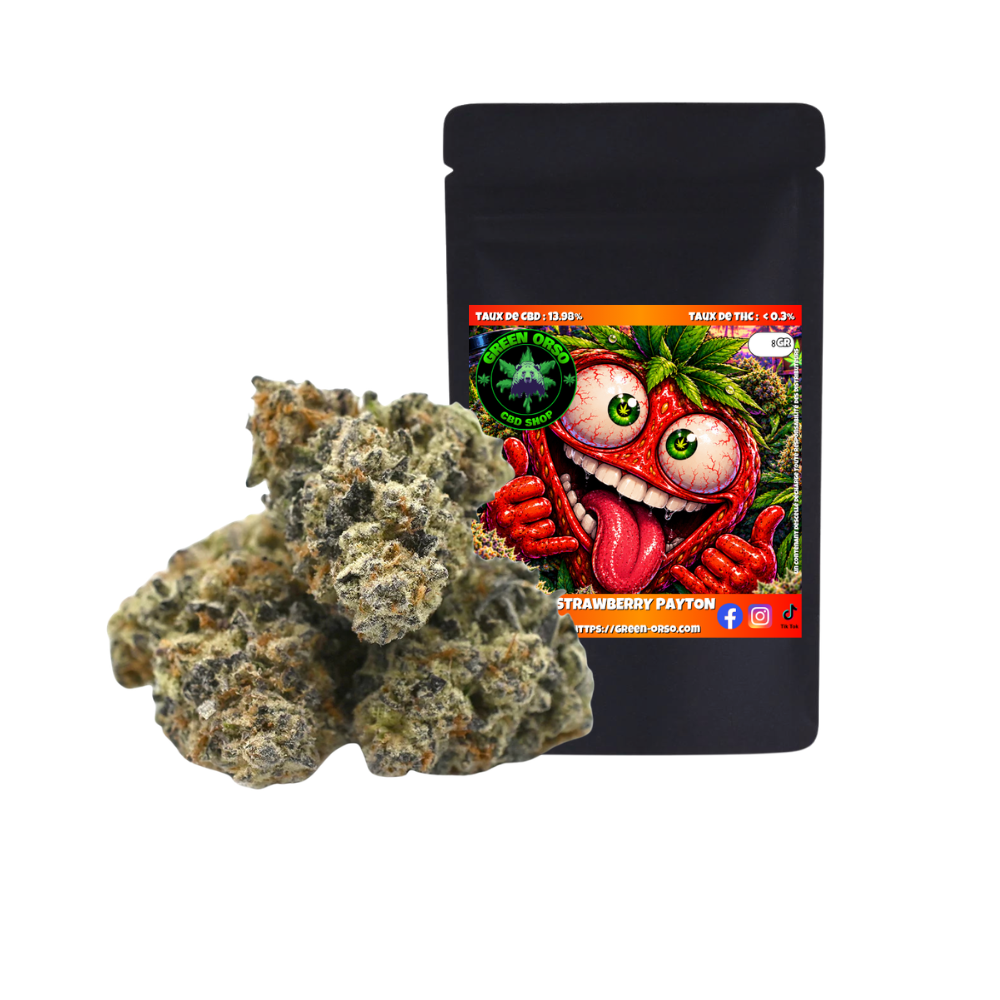 Fleur CBD Strawberry Payton hydroponie indoor USA – arômes fraise, crème et gas – Green Orso Montpellier